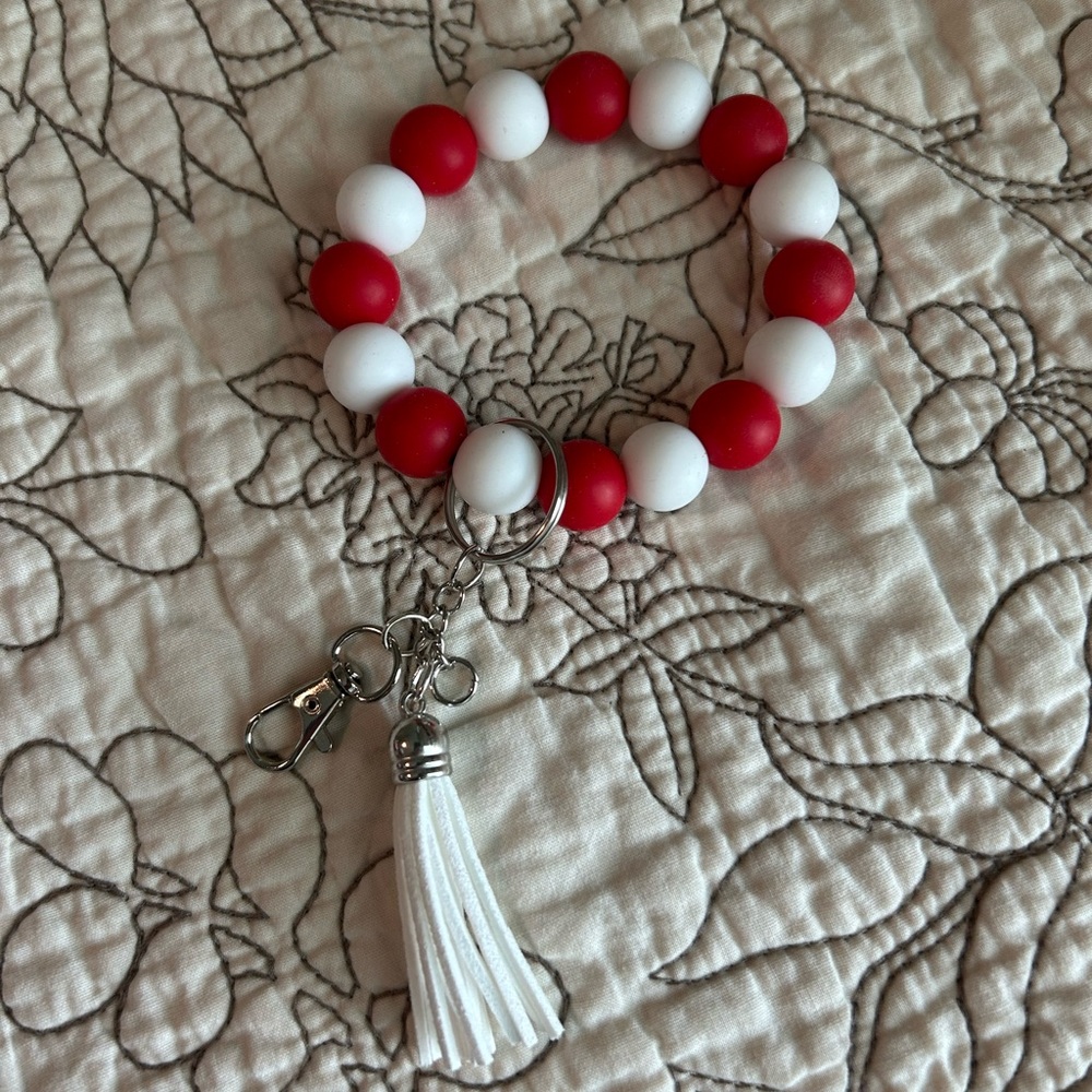Red and White Beaded Keychain Bracelet